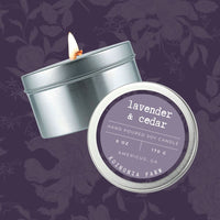 Koinonia Hand Poured Soy Candle, Lavender & Cedar tin label