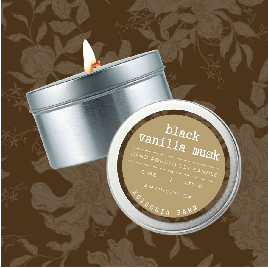Koinonia Hand Poured Soy Candle, Black Vanilla Musk tin label
