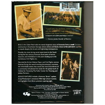 Back cover of Briars in the Cotton Patch DVD, featuring historical photographs, a documentary summary, and production details about Koinonia Farm.