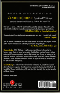 Back cover of Clarence Jordan: Spiritual Writings, featuring endorsements, biographical information about Clarence Jordan and editor Joyce Hollyday, and publisher details.