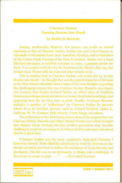 Back cover of Clarence Jordan: Turning Dreams into Deeds by Henlee H. Barnette, featuring a description of Clarence Jordan's life and work.
