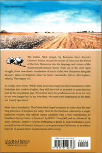 Back cover of The Cotton Patch Gospel by Clarence Jordan, featuring a cotton field photograph, book description, publisher information, and ISBN.