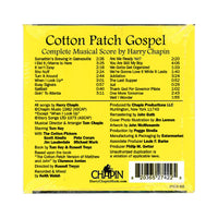 Back cover of Cotton Patch Gospel Musical CD featuring the song list, running times, and production credits.