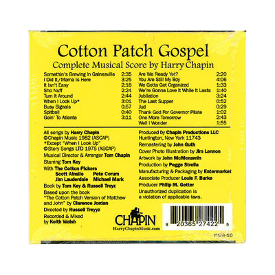 Back cover of Cotton Patch Gospel Musical CD featuring the song list, running times, and production credits.