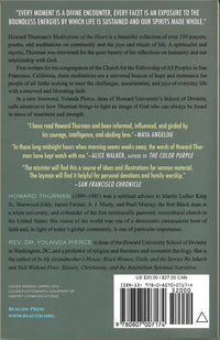 Back cover of Meditations of the Heart Back cover of Meditations of the Heart by Howard Thurman, featuring a description of his prayers and reflections and endorsements from readers.