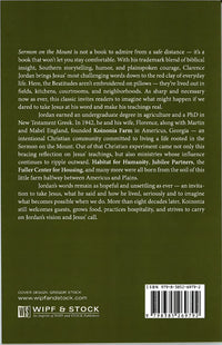 Back cover of Sermon on the Mount by Clarence Jordan, describing his teachings and the founding of Koinonia Farm.