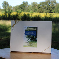 White Koinonia Farm Happy Birthday gift box tied with a thin gold ribbon, displayed outdoors on a wooden table, with a grassy field and trees in the background.